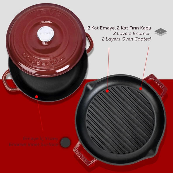 LAVA Bordo Serisi Döküm 3 Parça Set – Tencere ve Izgara ile Sofralarda Fark Yaratın - Resim 6