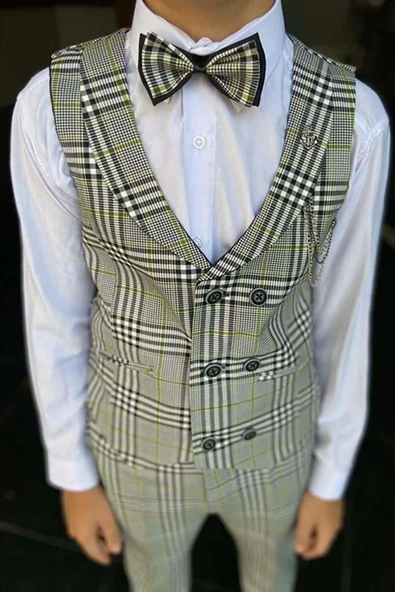 Erkek Çocuk Kare Desen ve Şal Yaka Yelekli Yeşil Takım Elbise - Resim 5