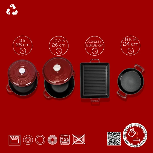 LAVA Bordo Döküm 7 Parça Set – Tencere, Sahan ve Izgara ile Şef Dokunuş - Resim 4