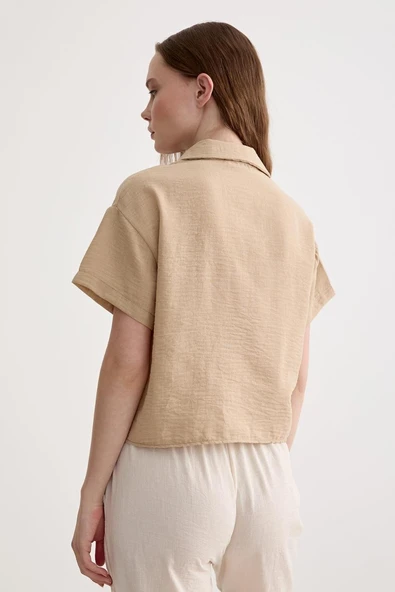 Vos Versa Kadın Keten Dantel Detaylı Kısa Kol Camel Gömlek VVK47031 - Resim 2