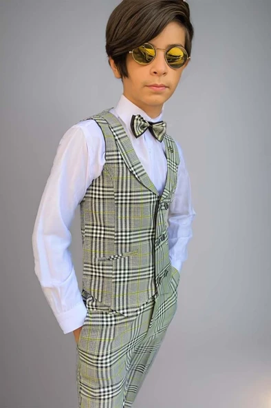 Erkek Çocuk Kare Desen ve Şal Yaka Yelekli Yeşil Takım Elbise - Resim 3