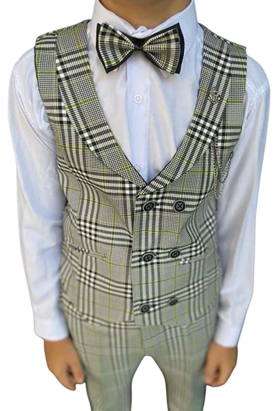 Erkek Çocuk Kare Desen ve Şal Yaka Yelekli Yeşil Takım Elbise - Resim 9