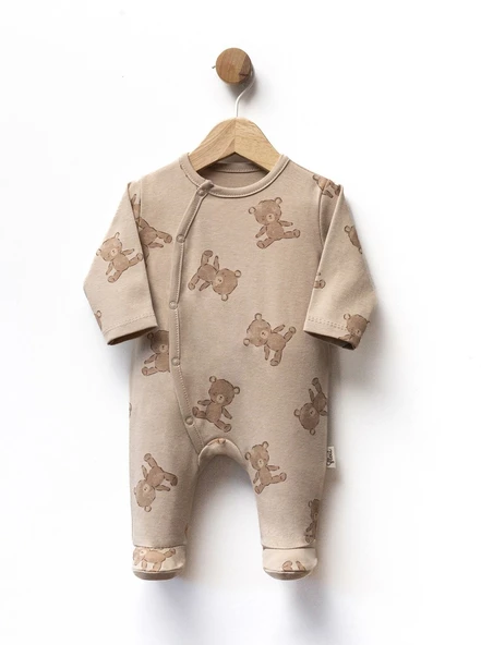 Ayıcık Desenli Kahve Erkek Bebek Önden Çıtcıtlı Patikli Tulum ürün görseli