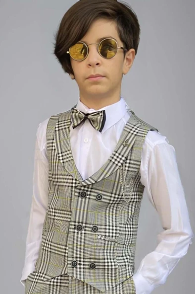 Erkek Çocuk Kare Desen ve Şal Yaka Yelekli Yeşil Takım Elbise - Resim 4