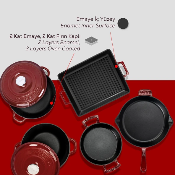 LAVA Döküm Bordo Serisi Set – Tencere, Tava, Sahan ve Izgara Bir Arada - Resim 6