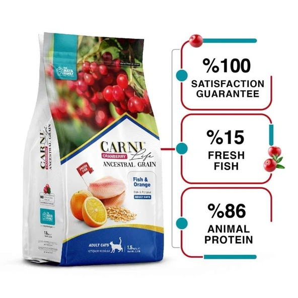 Carni Life Az Tahıllı Balık Portakal ve Kızılcıklı Yetişkin Kedi Maması 1,5 kg ürün görseli