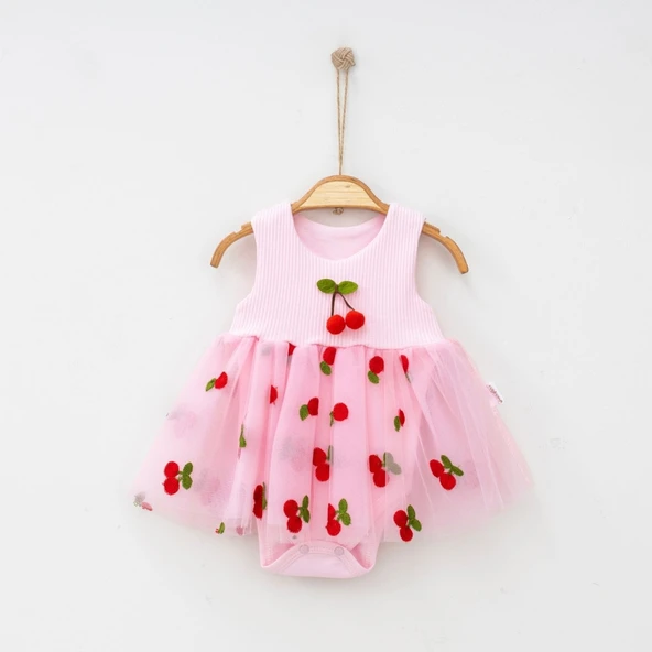 Kiraz Nakışlı Kız Bebek Tütülü Zıbın Elbise ürün görseli