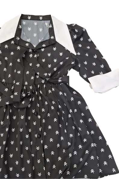 Kız Çocuk Elbise Yaka ve Manşet Detaylı Boydan Düğmeli ve Kuşaklı 7-12 Yaş 12420 - Resim 4