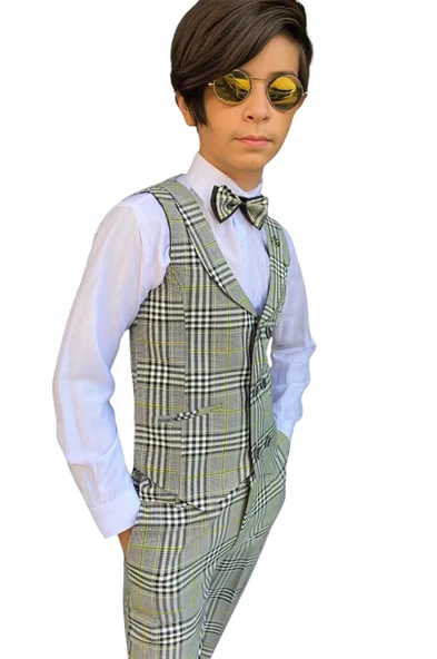 Erkek Çocuk Kare Desen ve Şal Yaka Yelekli Yeşil Takım Elbise - Resim 8
