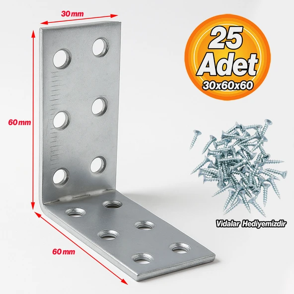 L Demir Gönye (25 ADET) 30x60x60 mm Metal Mobilya Bağlantı Aparatı Raf Köşe Sabitleme Demiri - Resim 2