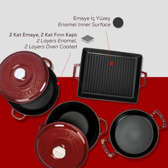 LAVA Bordo Döküm 7 Parça Set – Tencere, Sahan ve Izgara ile Şef Dokunuş - Resim 6
