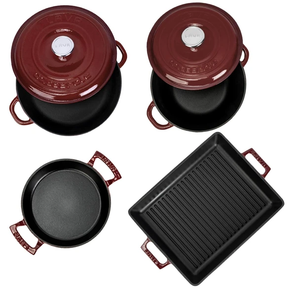LAVA Bordo Döküm 7 Parça Set – Tencere, Sahan ve Izgara ile Şef Dokunuş - Resim 3