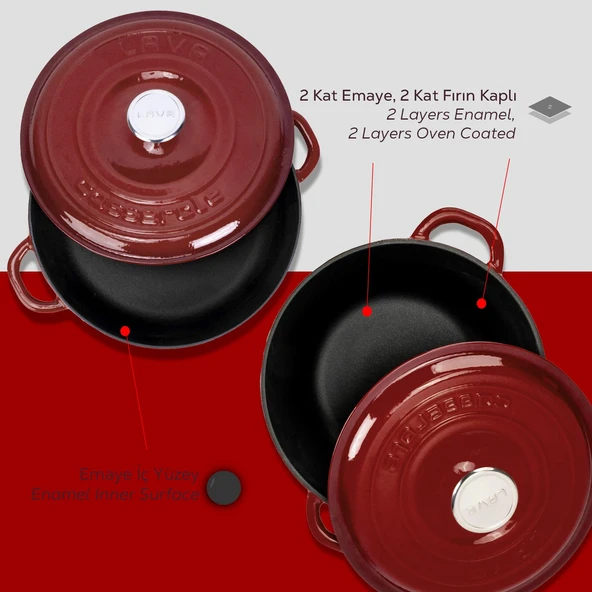 LAVA Bordo Döküm Tencere Seti – Şık Tasarım, Uzun Ömürlü Döküm Kalitesi - Resim 6