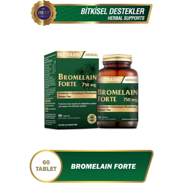 Nutraxin Bromelain Forte 750 mg - 60 Tablet, Probiyotik ve Krom İçeren Yeşil Çay Takviye Edici Gıda, Türkiye Menşeli ürün görseli 1