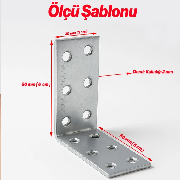L Demir Gönye 30x60x60 mm ( 50 Adet ) Metal Mobilya Bağlantı Aparatı Köşe Raf Sabitleme Demiri - Resim 3