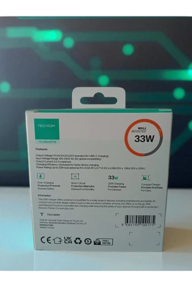 TECHSON 33W Type-C Adaptör + Kablo Şarj Cihazı Siyah S11C33TTS - Resim 2