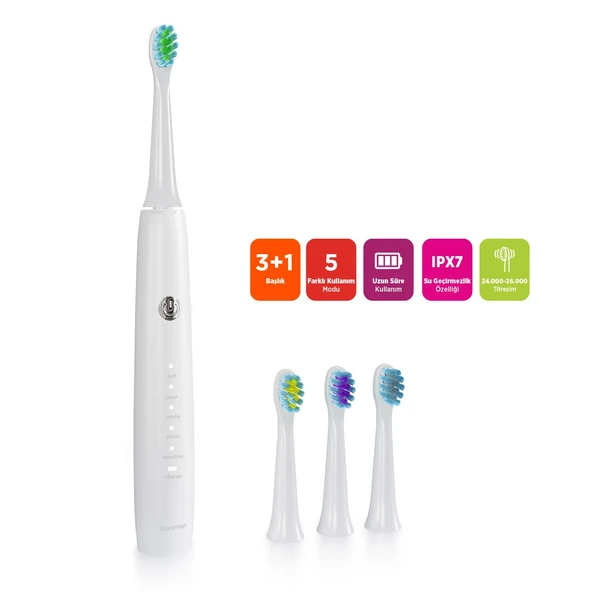 Polosmart PBS520 5 Mod Şarjlı Diş Fırçası IPX7 Su Geçirmez 4 Yedek Başlık Type-C Girişli Beyaz - Resim 2
