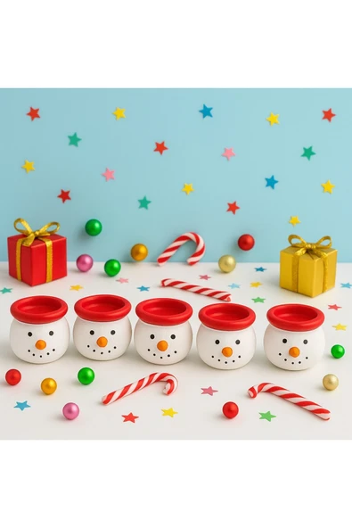 YeniYıl Yılbaşı Dekoru İçin 6’lı Noel Kardan Adam Figürlü Dekoratif El Yapımı Mini Mumluk Seti 5 CM - Resim 2