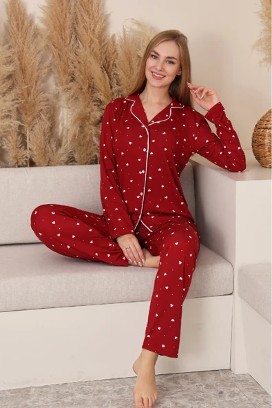 Kadın %100 Pamuk Milan Soft Pijama Takımı-Pat Yakalı-Boydan Düğmeli-Desenli-12422 - Resim 2