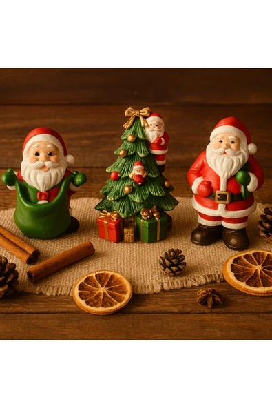 YeniYıl Ruhunu Yansıtan 3’lü Yılbaşı Noel Baba Biblo Seti Masa Figürleri Ev Ofis Vitrin Dekoru 10 Cm - Resim 2