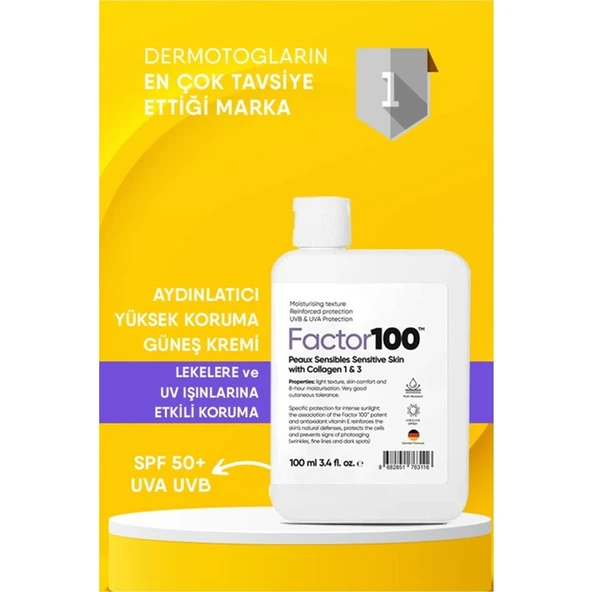 Factor100 SPF50+ Güneş Kremi 100 ml – Tüm Cilt Tiplerine Uygun, Nemlendirici, Leke Karşıtı ve Suya Dayanıklı Koruma - Resim 5
