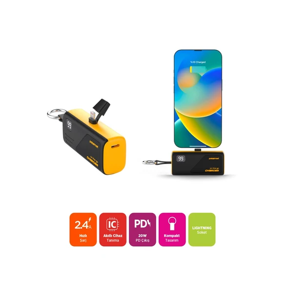 Polosmart PSM131 5000 mAh Powerbank 20W PD Hızlı Şarj Lightning Soketli Göstergeli Sarı - Resim 3