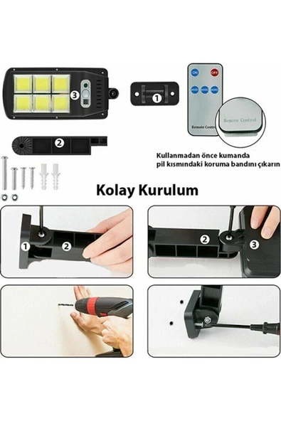 128 Led Solar Bahçe Sokak Lambası 1 Adet Hareket Sensörlü Kumandalı 3 Modlu Güneş Enerjili Büyük Boy - Resim 5