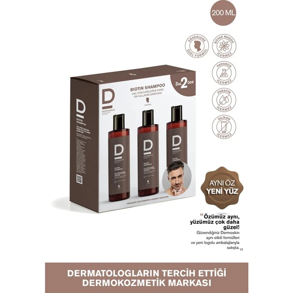 Dermoskin Biotin Şampuan (Erkek) 3 Al 2 Öde | Dökülme Karşıtı Şampuan | Erkek Saç Bakımı | 3x200 ml ürün görseli 1