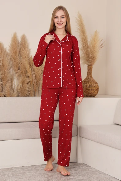 Kadın %100 Pamuk Milan Soft Pijama Takımı-Pat Yakalı-Boydan Düğmeli-Desenli-12422 ürün görseli 1