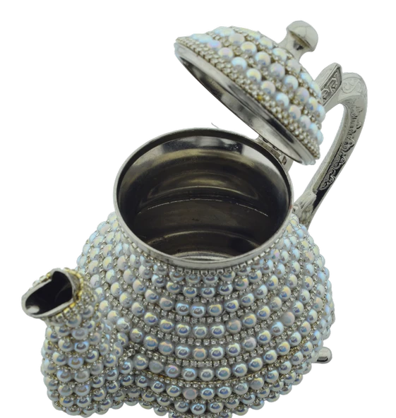 Arsal Dekoratif Inci ve Parlak Taşlı Gümüş Renk Demlik (18CMX22CM) - Resim 3
