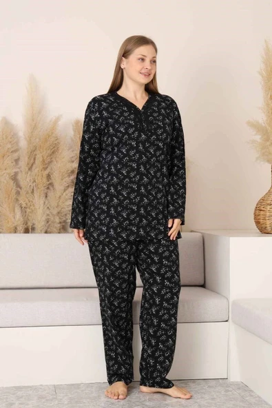 Siyah Çiçekli Dantel Detaylı V Yaka Düğmeli Mevsimlik Pamuk Likra Uzun Kol Pijama Takımı-Geniş Kalıp - Resim 6