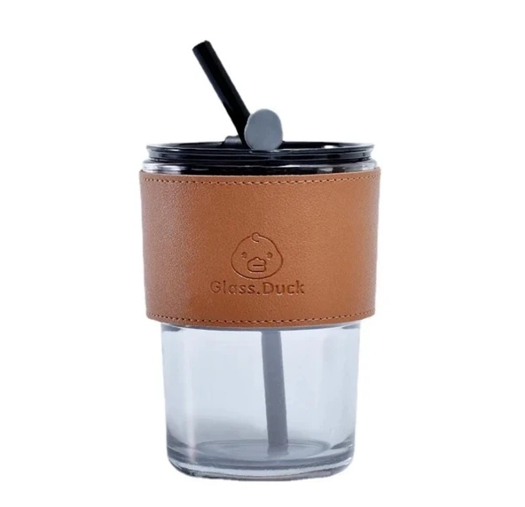 Füme Renkli Cam Pipetli Cam Bardak ve Deri Tutma Kılıflı Soğuk Sıcak İçecek Bardağı ürün görseli 1