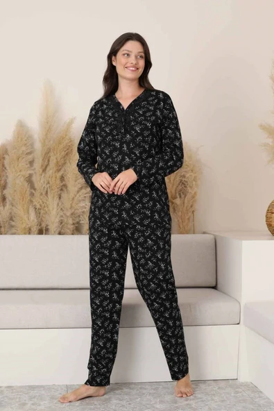 Siyah Çiçekli Dantel Detaylı V Yaka Düğmeli Mevsimlik Pamuk Likra Uzun Kol Pijama Takımı-Geniş Kalıp - Resim 11