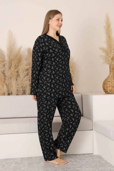 Siyah Çiçekli Dantel Detaylı V Yaka Düğmeli Mevsimlik Pamuk Likra Uzun Kol Pijama Takımı-Geniş Kalıp - Resim 5