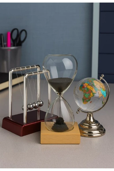 Dekoratif Ofis Hediyesi 3'LÜ Masa Set Newton Topu Manyetik Kum Saati Kristal Dünya Küresi Hediye Set ürün görseli 1