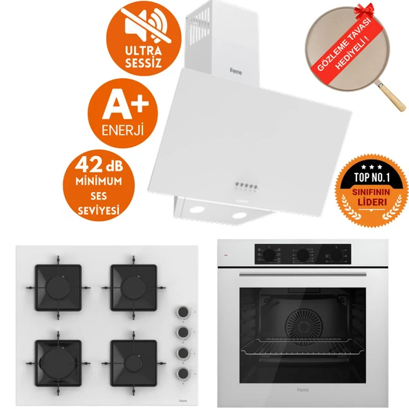 Ferre FlowArt Lidero Sessiz Davlumbazlı Beyaz  Ankastre  Set Yeni Seri ( D087-SA + QBL62CB + SS206) ürün görseli