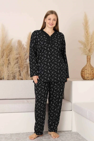 Siyah Çiçekli Dantel Detaylı V Yaka Düğmeli Mevsimlik Pamuk Likra Uzun Kol Pijama Takımı-Geniş Kalıp - Resim 2