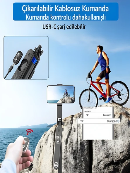 360 Ayarlanabilir Bluetooth Kumandalı 180 cm Telefon Tripod Android iOS GoPro Uyumlu - Resim 4