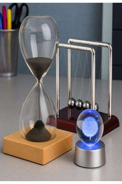 Dekoratif Ofis Hediyesi 3 Lü Masa Üstü Seti Newton Balans Kum Saati Led Işıklı Karahindiba Küre Set ürün görseli 1