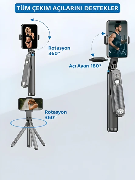 360 Ayarlanabilir Bluetooth Kumandalı 180 cm Telefon Tripod Android iOS GoPro Uyumlu - Resim 6