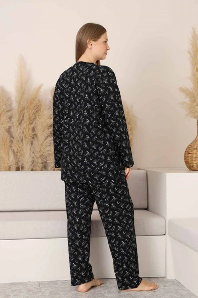 Siyah Çiçekli Dantel Detaylı V Yaka Düğmeli Mevsimlik Pamuk Likra Uzun Kol Pijama Takımı-Geniş Kalıp - Resim 3