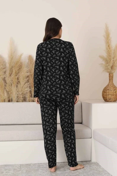 Siyah Çiçekli Dantel Detaylı V Yaka Düğmeli Mevsimlik Pamuk Likra Uzun Kol Pijama Takımı-Geniş Kalıp - Resim 8