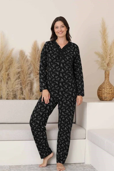 Siyah Çiçekli Dantel Detaylı V Yaka Düğmeli Mevsimlik Pamuk Likra Uzun Kol Pijama Takımı-Geniş Kalıp - Resim 12