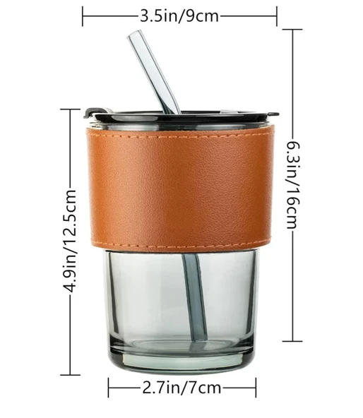 Füme Renkli Cam Pipetli Cam Bardak ve Deri Tutma Kılıflı Soğuk Sıcak İçecek Bardağı - Resim 4