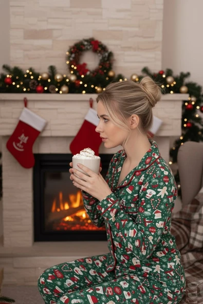 Kadın Noel Desen Mevsimlik Pamuk Likra Göğüs Cepli Boydan Önden Düğmeli Uzun Kol Pijama Takımı - Resim 5