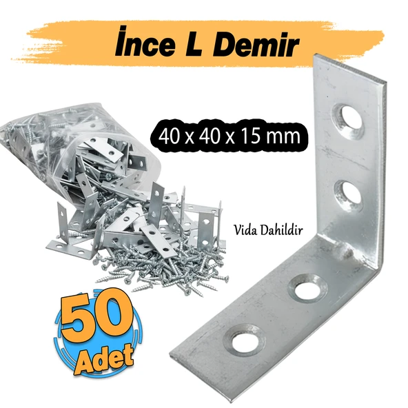 (50 ADET) Metal Köşebent 40x40x15 mm İnce L Demiri Gönye Mobilya Duvar Sabitleme Bağlantı Aparatı - Resim 2