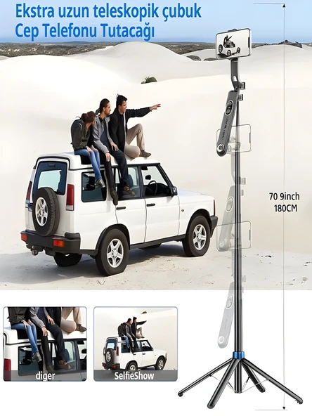 360 Ayarlanabilir Bluetooth Kumandalı 180 cm Telefon Tripod Android iOS GoPro Uyumlu - Resim 5