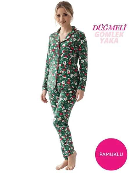 Kadın Noel Desen Mevsimlik Pamuk Likra Göğüs Cepli Boydan Önden Düğmeli Uzun Kol Pijama Takımı ürün görseli 1