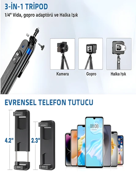 360 Ayarlanabilir Bluetooth Kumandalı 180 cm Telefon Tripod Android iOS GoPro Uyumlu - Resim 7