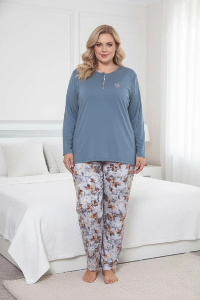 Kadın Çiçek Desen 3 Düğme Likralı Viskon Mevsimlik Büyük Beden Uzun Kol Pijama Takımı - Resim 5